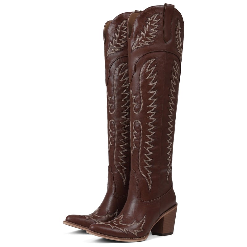CELNEPHO Cowboy Boots For Women Over The Knee Western Boots With Classic Embroidered Chunky Heel Slip On Zipper Square Toe Fashion Cowgirl Thigh High Boots For Women - Image 1