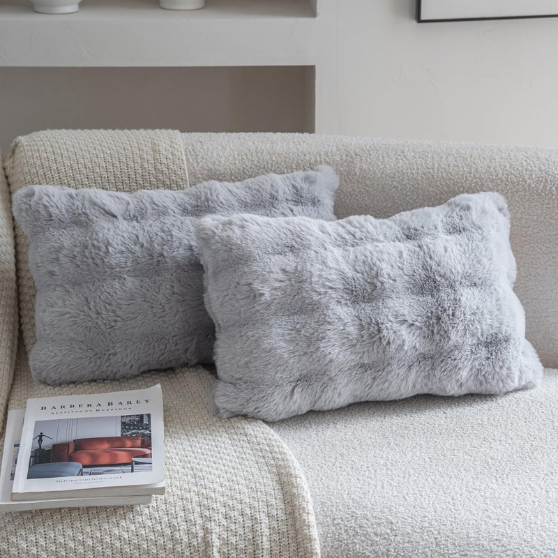 Neelvin Gray Faux Fur Cozy Soft Double-Sided Decorative Throw Pillow Covers 12x20 inch Set of 2,Velvet Pillowcase Cushion Case for Sofa Couch - Image 1