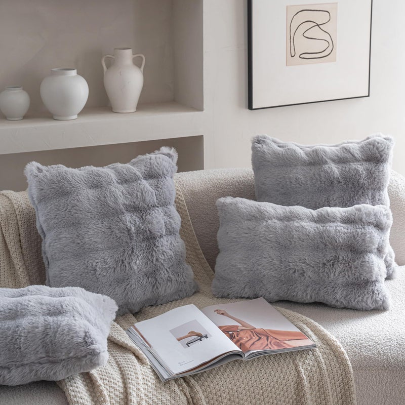Neelvin Gray Faux Fur Cozy Soft Double-Sided Decorative Throw Pillow Covers 12x20 inch Set of 2,Velvet Pillowcase Cushion Case for Sofa Couch - Image 3