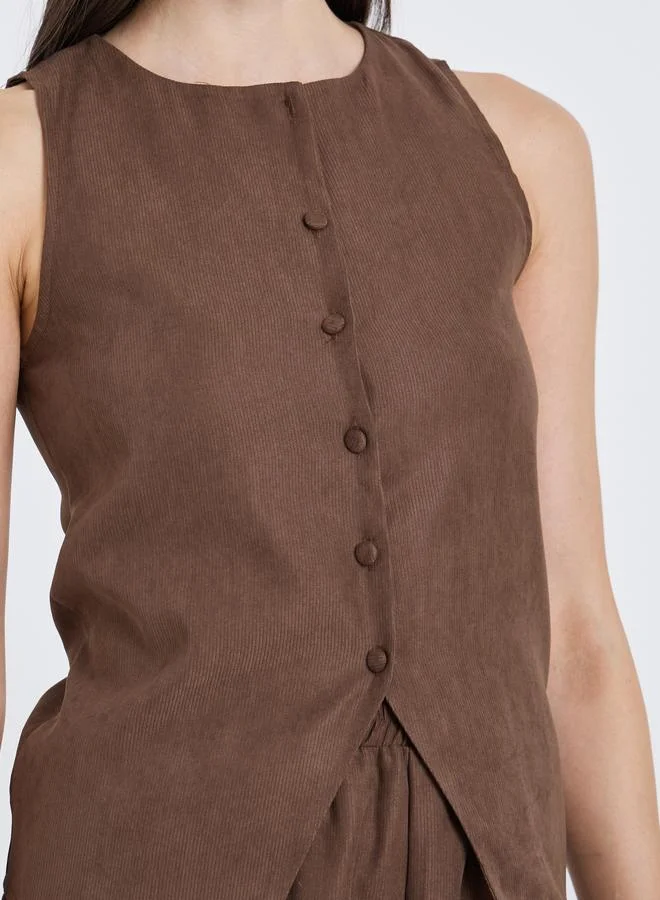 Styli Brown Styli Texture Buttoned Sleeveless Top for Women | Best Price UAE