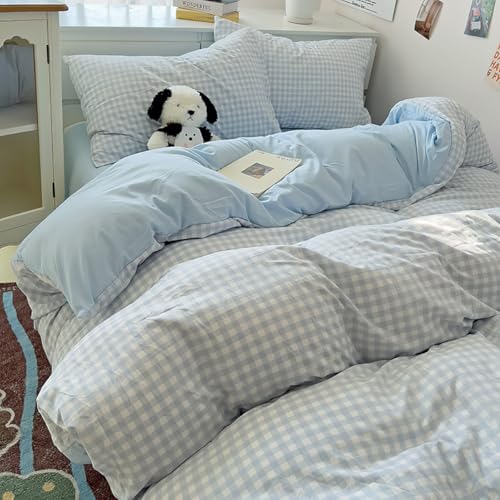 Nayoroom Gingham Duvet Cover Queen Size Reversible Blue Plaid Checkered Duvet Cover 3 Pieces Soft Breathable Washed Microfiber Girls Dorm Bedding Set for All Seasons - Image 3
