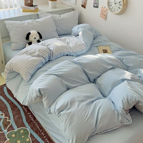 Nayoroom Gingham Duvet Cover Queen Size Reversible Blue Plaid Checkered Duvet Cover 3 Pieces Soft Breathable Washed Microfiber Girls Dorm Bedding Set for All Seasons - Image 5