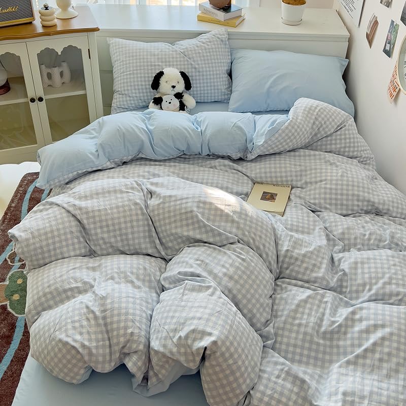 Nayoroom Gingham Duvet Cover Queen Size Reversible Blue Plaid Checkered Duvet Cover 3 Pieces Soft Breathable Washed Microfiber Girls Dorm Bedding Set for All Seasons - Image 4