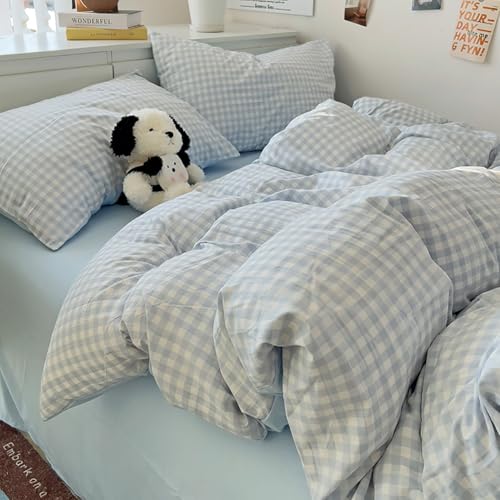 Nayoroom Gingham Duvet Cover Queen Size Reversible Blue Plaid Checkered Duvet Cover 3 Pieces Soft Breathable Washed Microfiber Girls Dorm Bedding Set for All Seasons - Image 1