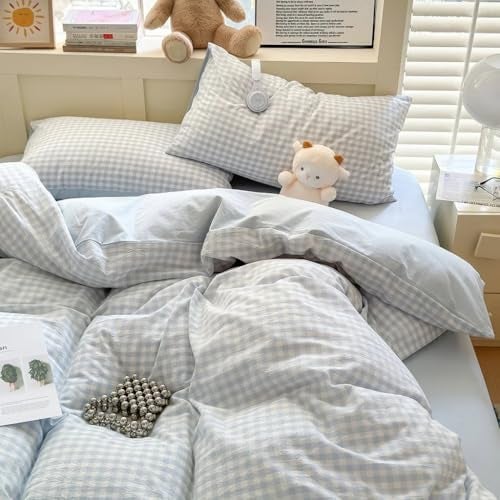 Nayoroom Gingham Duvet Cover Queen Size Reversible Blue Plaid Checkered Duvet Cover 3 Pieces Soft Breathable Washed Microfiber Girls Dorm Bedding Set for All Seasons - Image 2