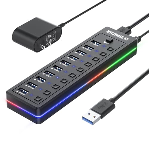 ZIUMIER Powered USB Hub, 10-Port USB 3.0 Hub with RGB LED Strip -5Gbps Data Transfer,Individual LED On/Off Switches and 12V/2A Power Adapter for Laptop, PC, Mouse, Keyboard, Hard Drive or More USB Devices. - Image 1
