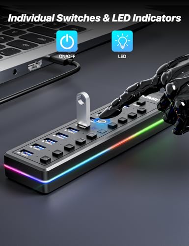 ZIUMIER Powered USB Hub, 10-Port USB 3.0 Hub with RGB LED Strip -5Gbps Data Transfer,Individual LED On/Off Switches and 12V/2A Power Adapter for Laptop, PC, Mouse, Keyboard, Hard Drive or More USB Devices. - Image 4