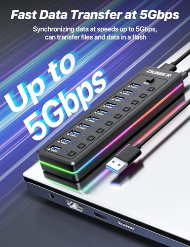 ZIUMIER Powered USB Hub, 10-Port USB 3.0 Hub with RGB LED Strip -5Gbps Data Transfer,Individual LED On/Off Switches and 12V/2A Power Adapter for Laptop, PC, Mouse, Keyboard, Hard Drive or More USB Devices. - Image 3