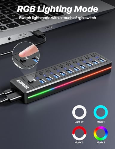 ZIUMIER Powered USB Hub, 10-Port USB 3.0 Hub with RGB LED Strip -5Gbps Data Transfer,Individual LED On/Off Switches and 12V/2A Power Adapter for Laptop, PC, Mouse, Keyboard, Hard Drive or More USB Devices. - Image 2