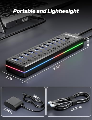 ZIUMIER Powered USB Hub, 10-Port USB 3.0 Hub with RGB LED Strip -5Gbps Data Transfer,Individual LED On/Off Switches and 12V/2A Power Adapter for Laptop, PC, Mouse, Keyboard, Hard Drive or More USB Devices. - Image 5