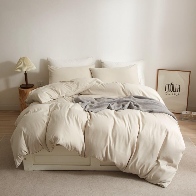 Ruccit Beige Duvet Cover Set Double 100 Brushed Microfiber Double Bed Duvet Cover Soft 3pcs Simple Plain Bedding Set with Zipper Closure Corner TiesDurableFade resistant