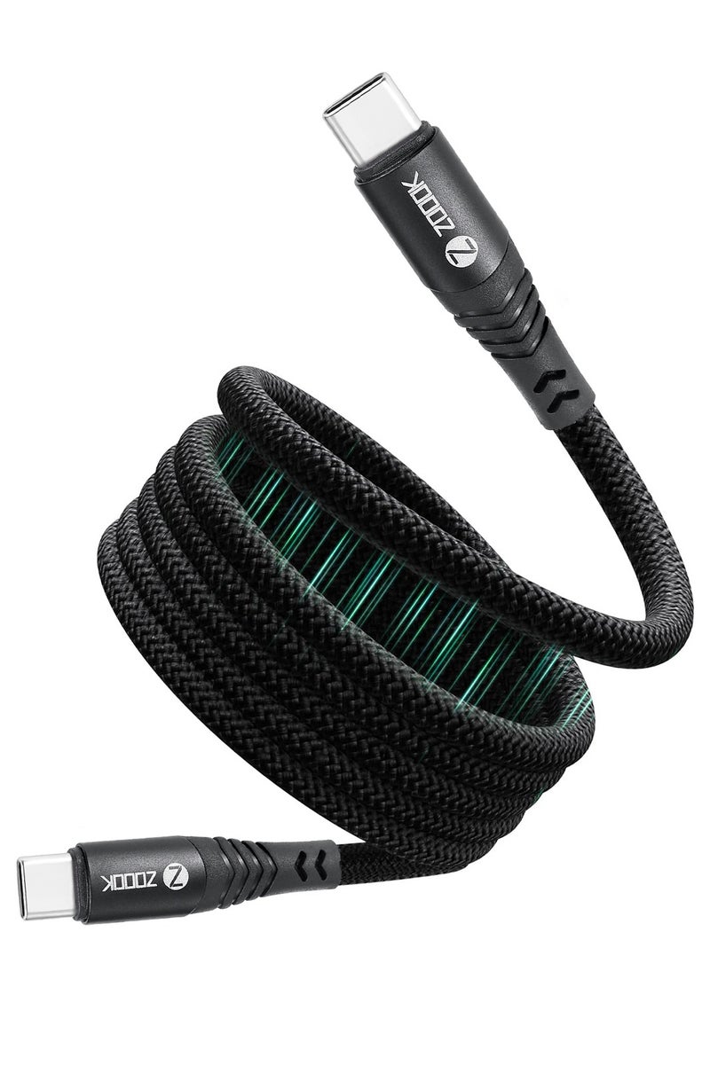 Zoook كابل مغناطيسي ذاتي التنظيم من USB-C إلى USB-C متميز مع قدرة شحن 65 واط وكابل متين بطول 120 سم من النايلون المضفر، موصلات قابلة للعكس، نواة نحاسية سميكة، مرن (أسود) - Image 1