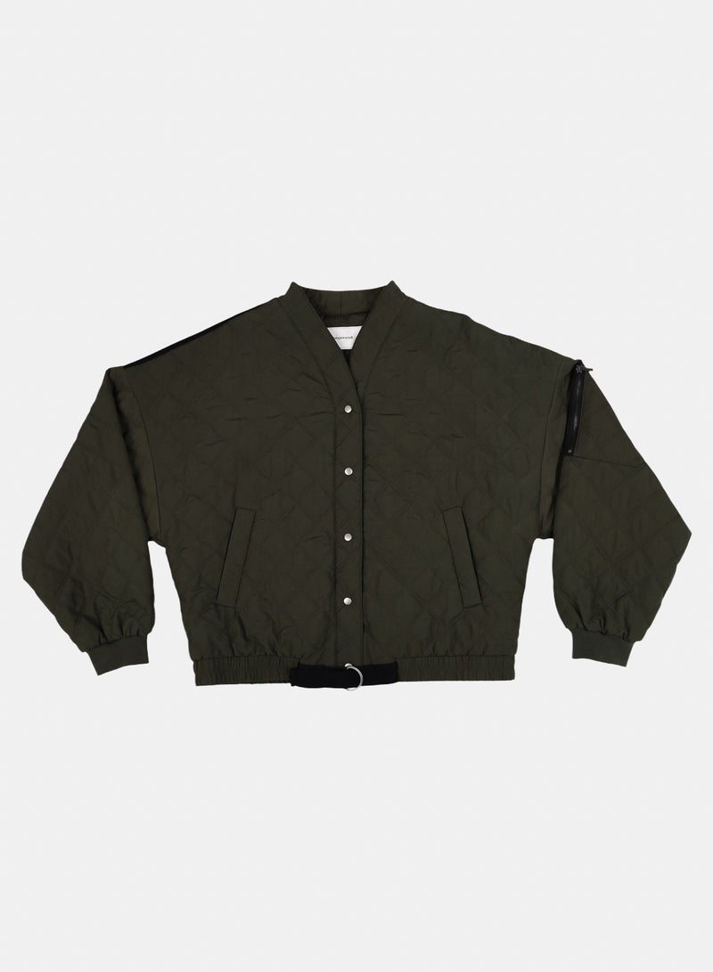 Promod Women's Olive Green Quilted Bomber Jacket with Belted Hem - Image 2