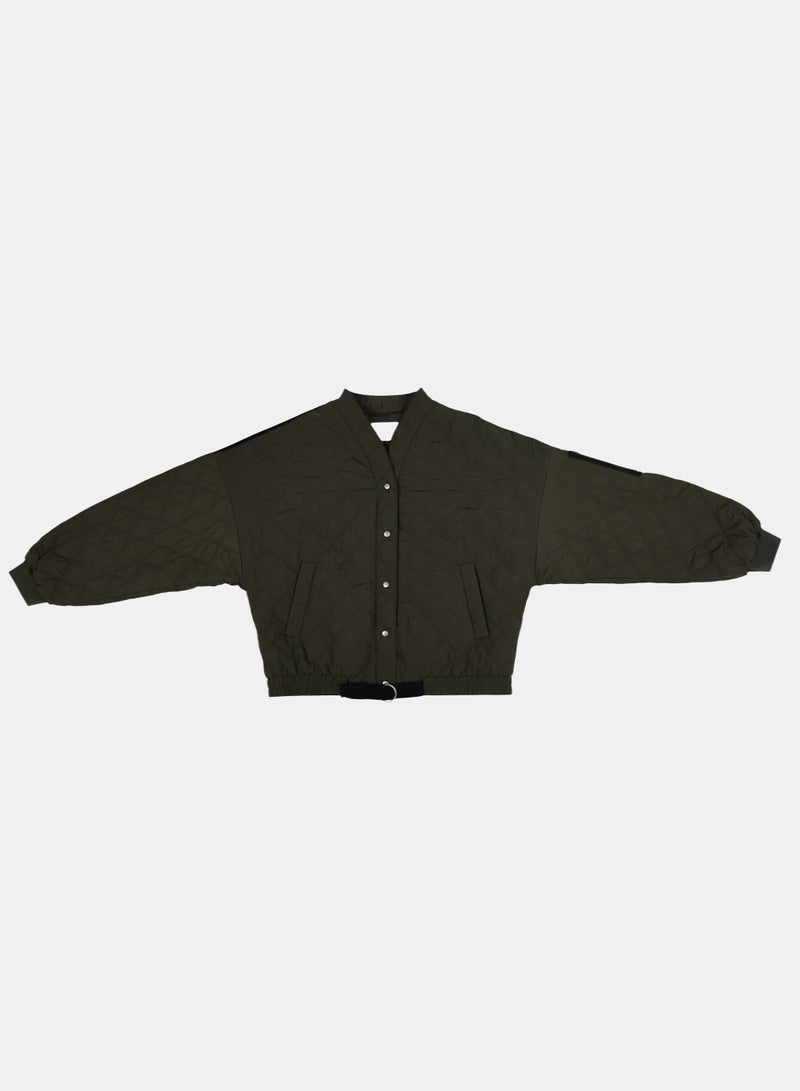Promod Women's Olive Green Quilted Bomber Jacket with Belted Hem - Image 1