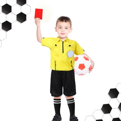 Newcotte 11 Pcs Kids Soccer Referee Kit Halloween Children Referee Costume Umpire Gear Set Youth Ref Shirt Pants Socks Whistle with Lanyard Penalty Flag Soccer Card(Age 8-10) - Image 5