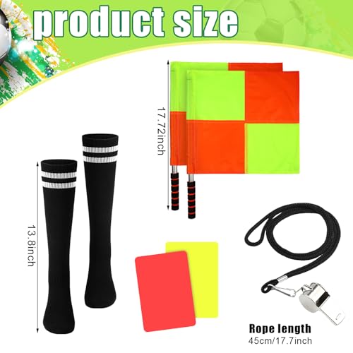 Newcotte 11 Pcs Kids Soccer Referee Kit Halloween Children Referee Costume Umpire Gear Set Youth Ref Shirt Pants Socks Whistle with Lanyard Penalty Flag Soccer Card(Age 8-10) - Image 4