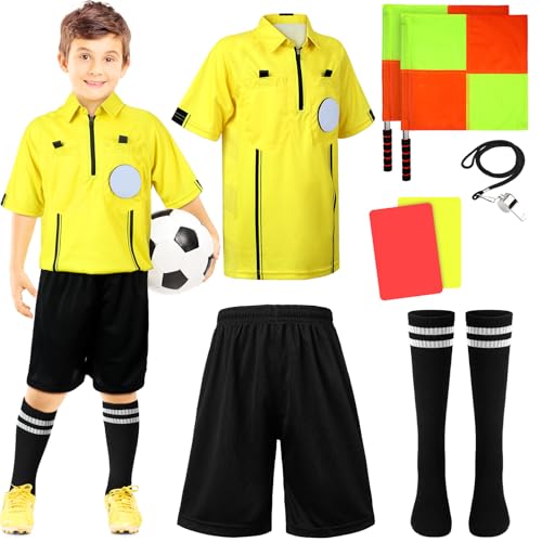 Newcotte 11 Pcs Kids Soccer Referee Kit Halloween Children Referee Costume Umpire Gear Set Youth Ref Shirt Pants Socks Whistle with Lanyard Penalty Flag Soccer Card(Age 8-10) - Image 1