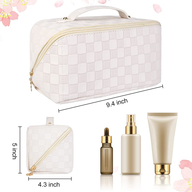 Flywind Large Capacity Travel Cosmetic Bag Makeup Bag Checkered Leather Makeup Bag Organizer Women Portable Toiletry Bag Flat Lay Everything Cosmetic Bag Checkered White - Image 2