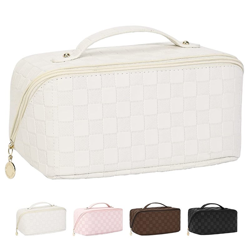 Flywind Large Capacity Travel Cosmetic Bag Makeup Bag Checkered Leather Makeup Bag Organizer Women Portable Toiletry Bag Flat Lay Everything Cosmetic Bag Checkered White - Image 1