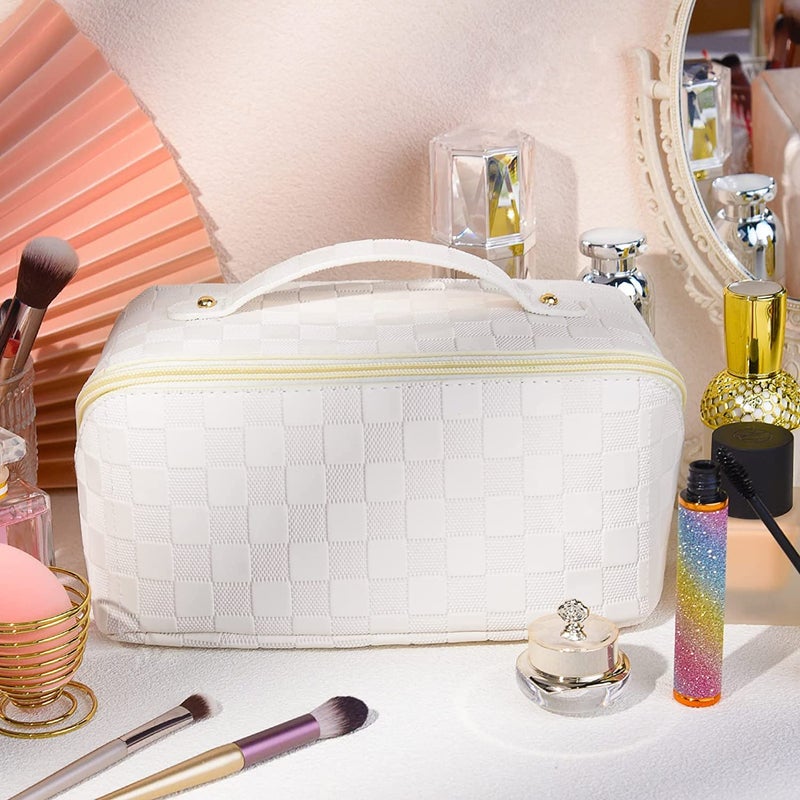 Flywind Large Capacity Travel Cosmetic Bag Makeup Bag Checkered Leather Makeup Bag Organizer Women Portable Toiletry Bag Flat Lay Everything Cosmetic Bag Checkered White - Image 4