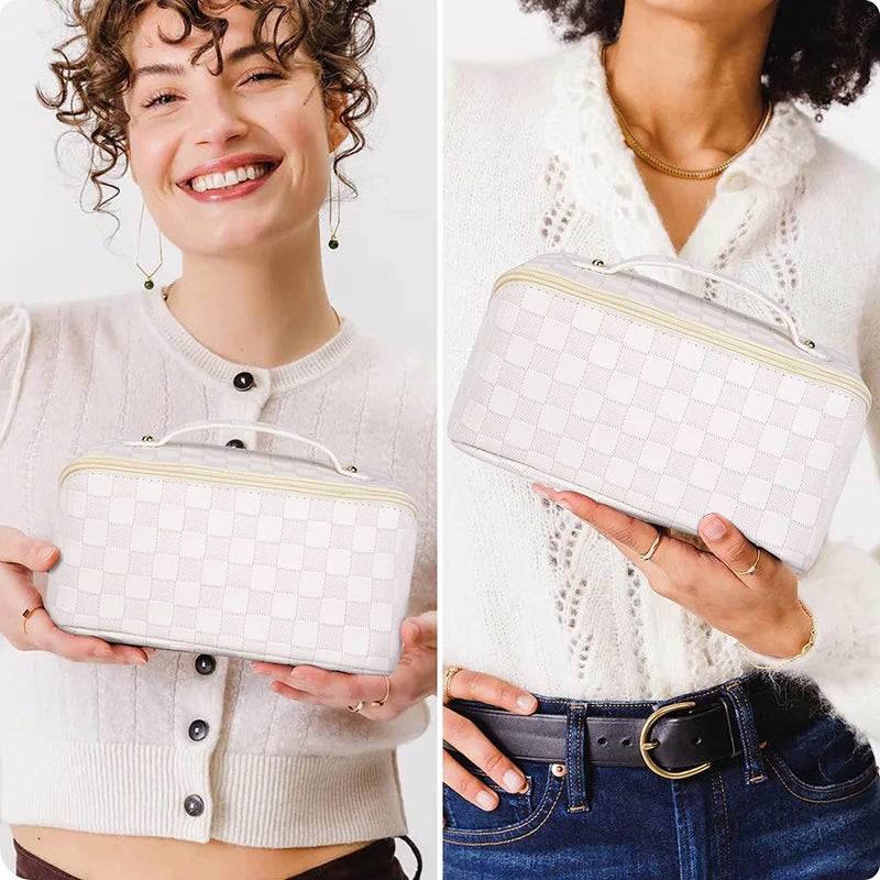 Flywind Large Capacity Travel Cosmetic Bag Makeup Bag Checkered Leather Makeup Bag Organizer Women Portable Toiletry Bag Flat Lay Everything Cosmetic Bag Checkered White - Image 3