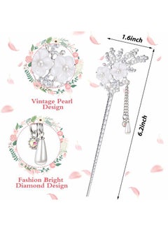 Chuangdi 2 Pieces Rhinestone Pearl Flower Hair Stick Vintage Chinese Hair Chopsticks Vintage Tassel Hair Pin Chignon Pin Chopsticks Hair Styling Hair Making Accessories for Women (Silver)  - Image 2