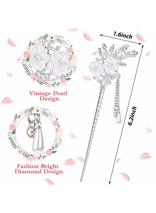 Chuangdi 2 Pieces Rhinestone Pearl Flower Hair Stick Vintage Chinese Hair Chopsticks Vintage Tassel Hair Pin Chignon Pin Chopsticks Hair Styling Hair Making Accessories for Women (Silver) - Image 2