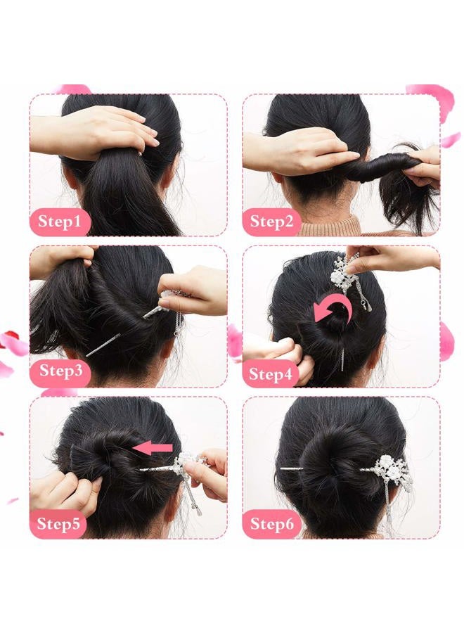 Chuangdi 2 Pieces Rhinestone Pearl Flower Hair Stick Vintage Chinese Hair Chopsticks Vintage Tassel Hair Pin Chignon Pin Chopsticks Hair Styling Hair Making Accessories for Women (Silver) - Image 3