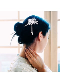 Chuangdi 2 Pieces Rhinestone Pearl Flower Hair Stick Vintage Chinese Hair Chopsticks Vintage Tassel Hair Pin Chignon Pin Chopsticks Hair Styling Hair Making Accessories for Women (Silver)  - Image 5