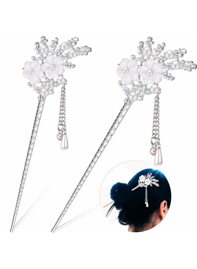 Chuangdi 2 Pieces Rhinestone Pearl Flower Hair Stick Vintage Chinese Hair Chopsticks Vintage Tassel Hair Pin Chignon Pin Chopsticks Hair Styling Hair Making Accessories for Women (Silver) - Image 1