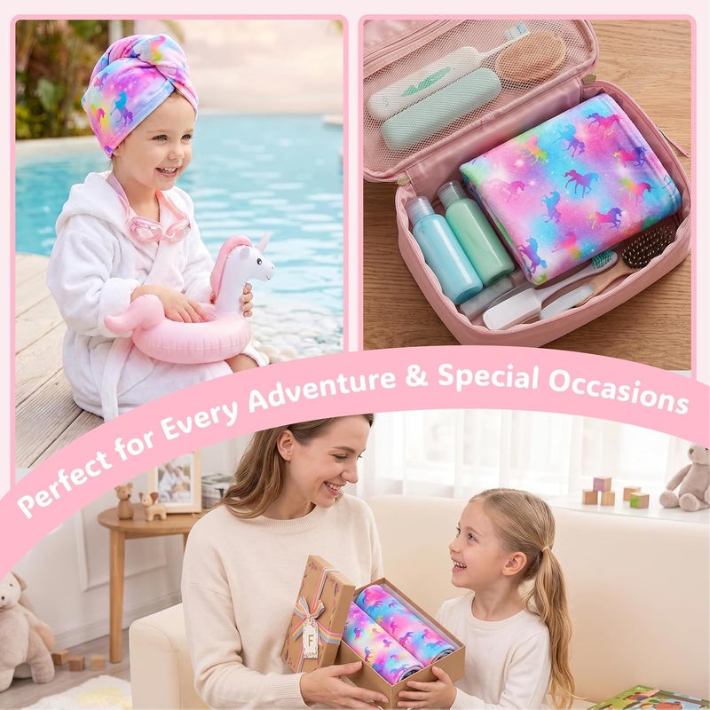 Basumee Microfiber Hair Towel Wrap for Kids 2 Pack Rapid Drying Hair Towel with Button Hair Turbans for Wet Hair Wraps Head Towel Wrap for Women and Girls, Unicorn - Image 5