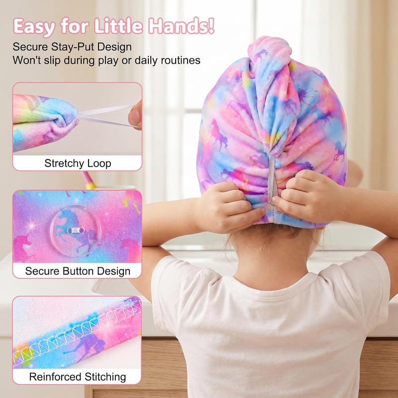 Basumee Microfiber Hair Towel Wrap for Kids 2 Pack Rapid Drying Hair Towel with Button Hair Turbans for Wet Hair Wraps Head Towel Wrap for Women and Girls, Unicorn - Image 3