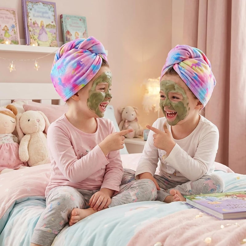Basumee Microfiber Hair Towel Wrap for Kids 2 Pack Rapid Drying Hair Towel with Button Hair Turbans for Wet Hair Wraps Head Towel Wrap for Women and Girls, Unicorn - Image 4