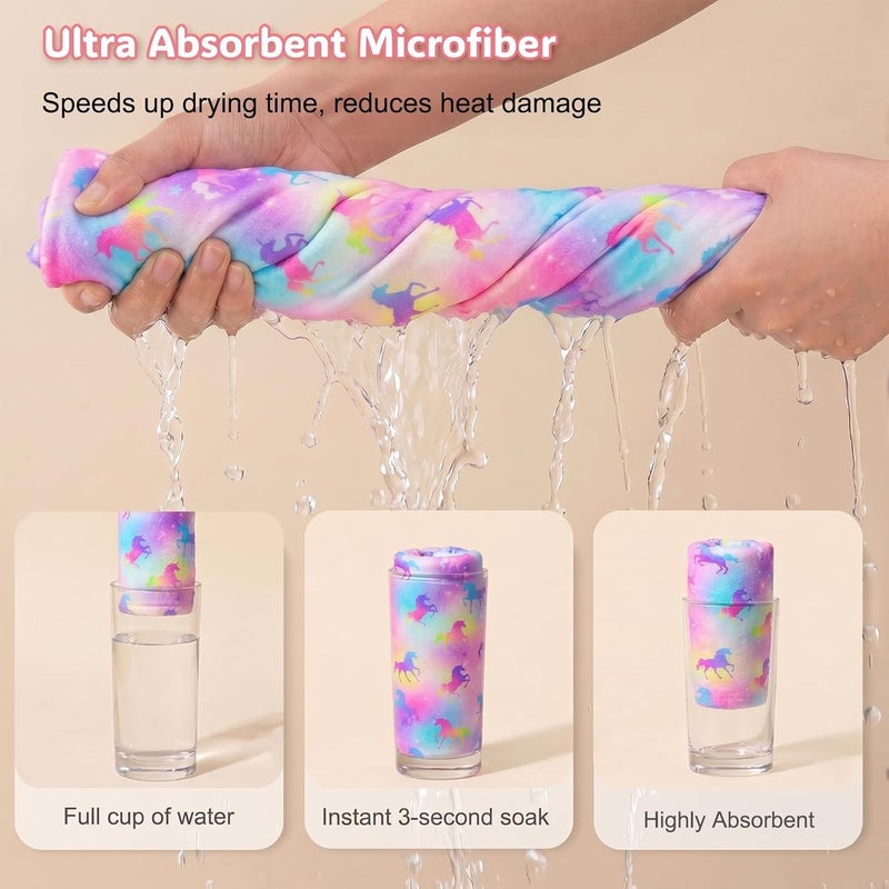 Basumee Microfiber Hair Towel Wrap for Kids 2 Pack Rapid Drying Hair Towel with Button Hair Turbans for Wet Hair Wraps Head Towel Wrap for Women and Girls, Unicorn - Image 2