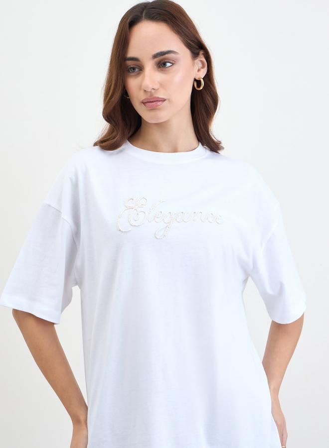 ستايلي تيشيرت واسع بكتابة مزينة بالخرز - Image 4