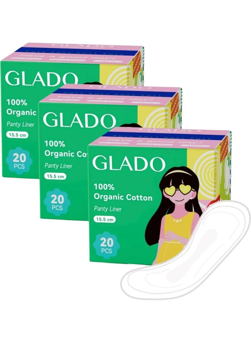 Glado 100% Organic Cotton Panty Liner for School Girls & Teens, 60 Pcs (15.5cm) – Ultra-Thin Fan Shaped, Negative ion, 3D Leak Guard, Light Flow, Chlorine & Fragrance Free, Prevents Skin Irritation - Image 1