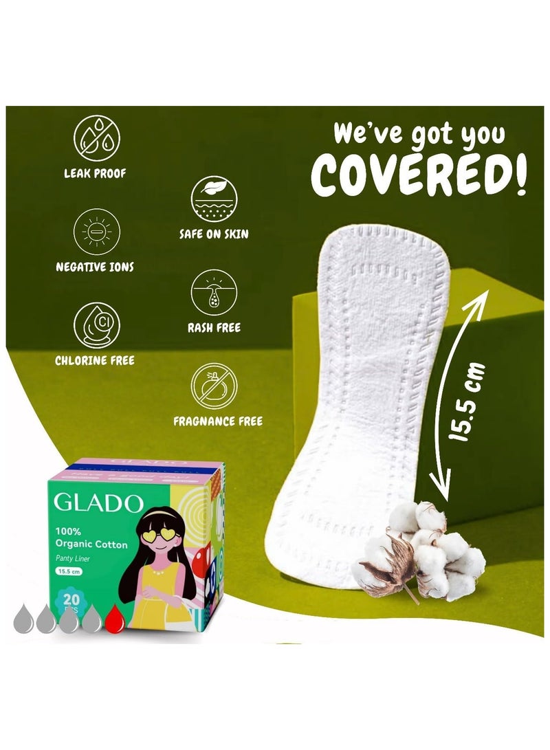 Glado 100% Organic Cotton Panty Liner for School Girls & Teens, 60 Pcs (15.5cm) – Ultra-Thin Fan Shaped, Negative ion, 3D Leak Guard, Light Flow, Chlorine & Fragrance Free, Prevents Skin Irritation - Image 2