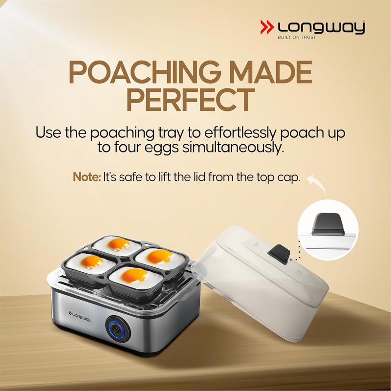 Longway LWEB04 500 Watt Stainless Steel Egg Boiler And Poacher2in1 Boils 8 Eggs Poach 4 Eggs Egg Cooke - Image 4