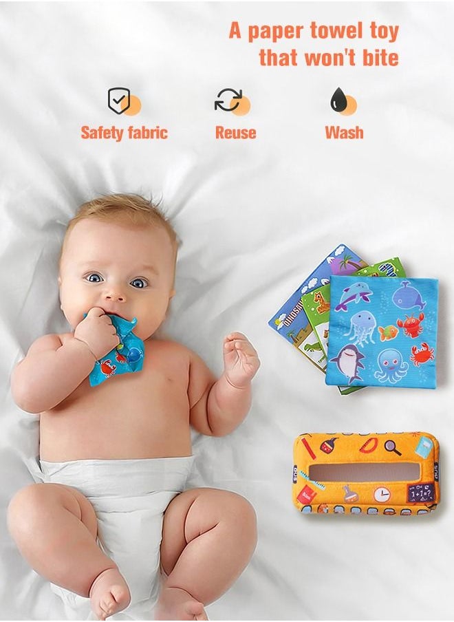 School Bus Shape Baby Tissue Box Soft Cloth Books Touch and Feel Crinkle Books Set Sensory Pull Along Toddler Infant Baby Tissue Box STEM Educational Preschool Toys  - Image 3
