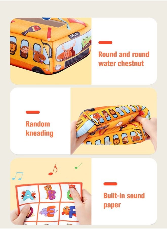 School Bus Shape Baby Tissue Box Soft Cloth Books Touch and Feel Crinkle Books Set Sensory Pull Along Toddler Infant Baby Tissue Box STEM Educational Preschool Toys  - Image 5