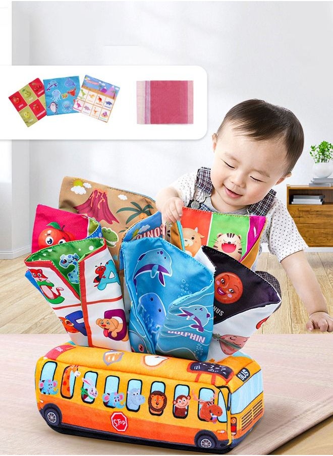School Bus Shape Baby Tissue Box Soft Cloth Books Touch and Feel Crinkle Books Set Sensory Pull Along Toddler Infant Baby Tissue Box STEM Educational Preschool Toys  - Image 2