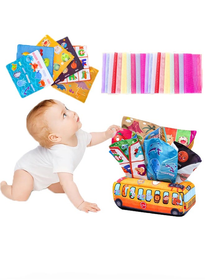 School Bus Shape Baby Tissue Box Soft Cloth Books Touch and Feel Crinkle Books Set Sensory Pull Along Toddler Infant Baby Tissue Box STEM Educational Preschool Toys  - Image 1