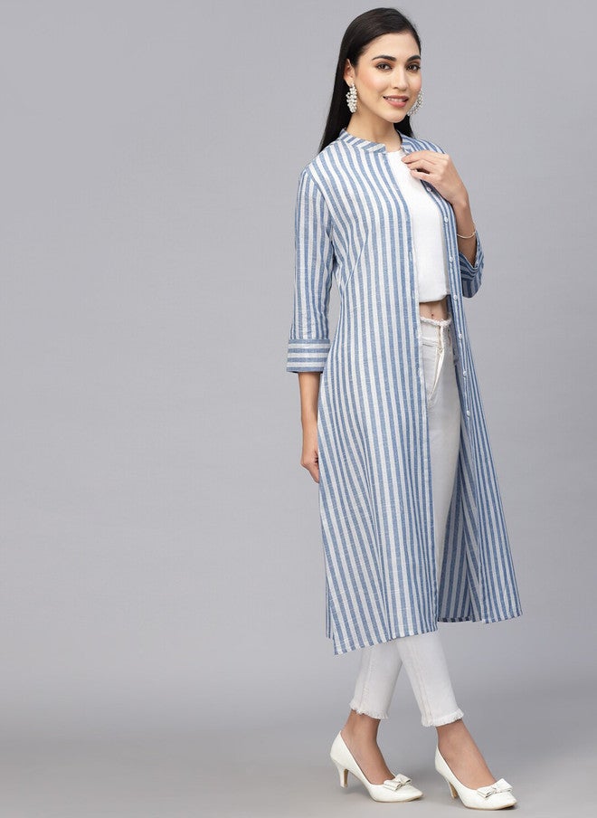 LARGISH Off White and Blue Striped Cotton Longline Button Shrug - Image 3