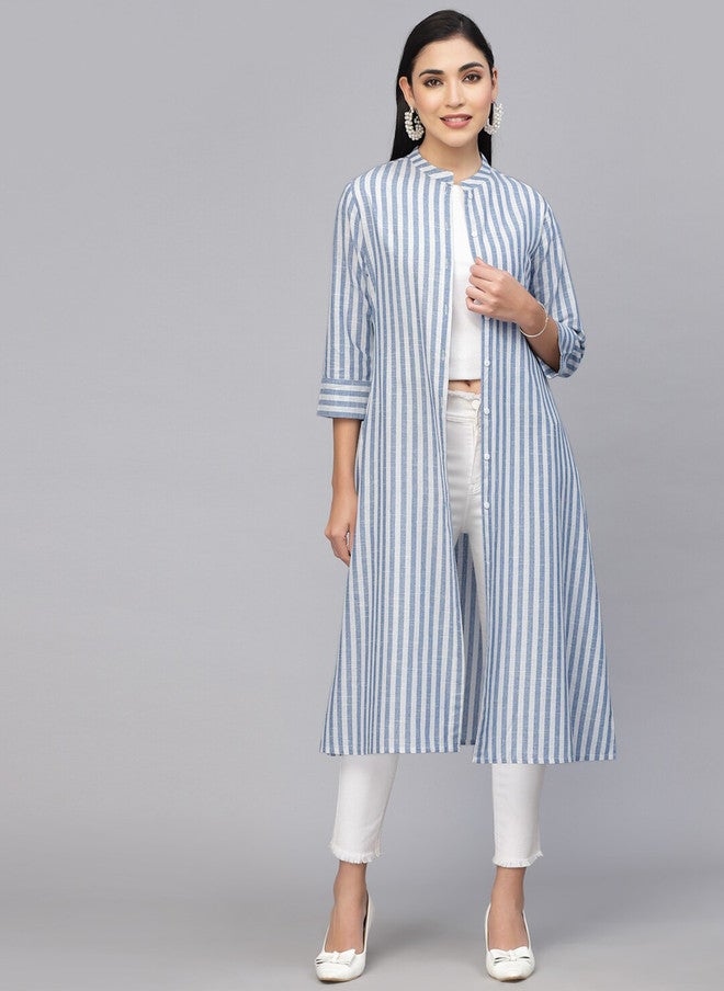 LARGISH Off White and Blue Striped Cotton Longline Button Shrug - Image 1