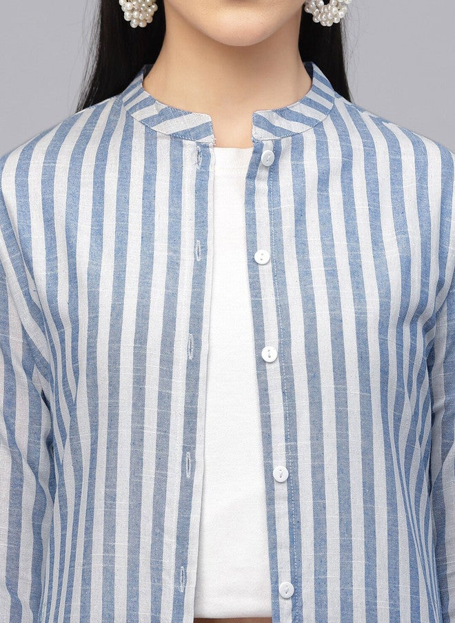 LARGISH Off White and Blue Striped Cotton Longline Button Shrug - Image 2