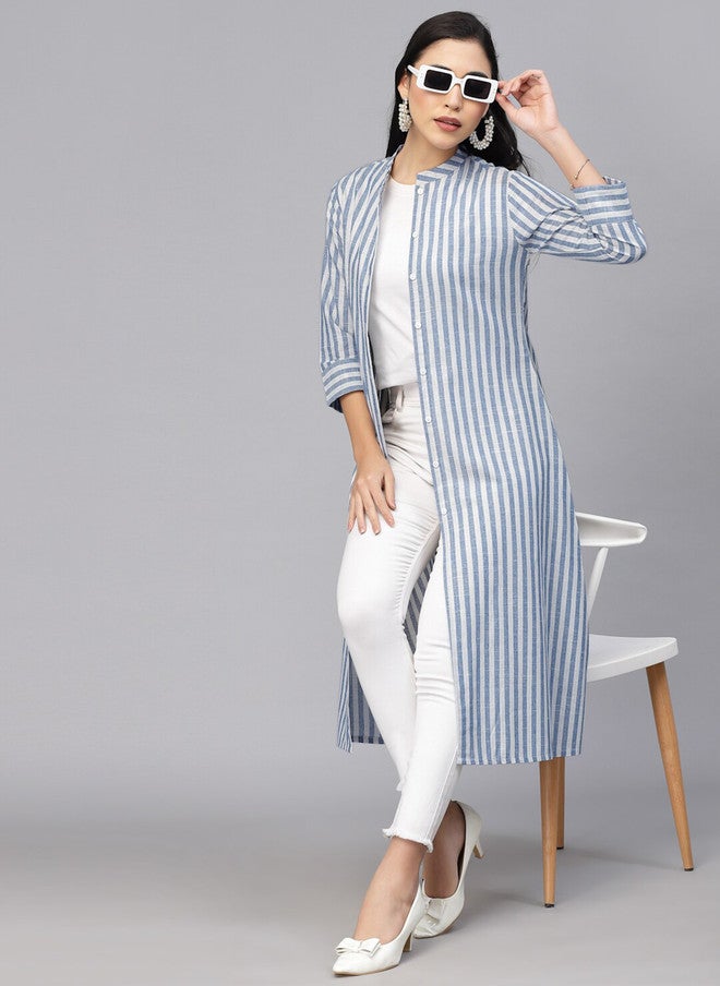 LARGISH Off White and Blue Striped Cotton Longline Button Shrug - Image 5