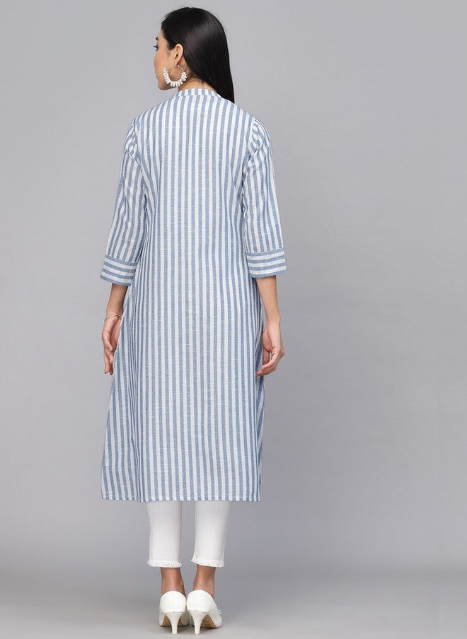 LARGISH Off White and Blue Striped Cotton Longline Button Shrug - Image 4