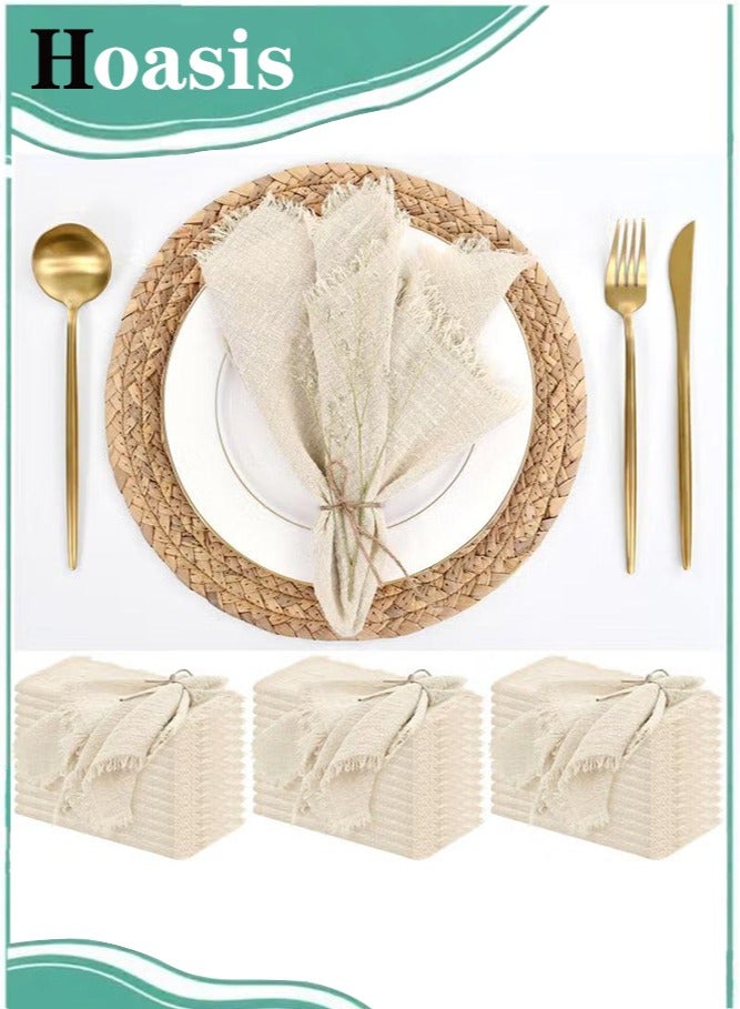 ح واحة 10 قطع من المناديل القطنية الكتانية، مناديل عشاء مجعدة مقاس 43 × 43 سم، مناديل عشاء ريفية قابلة للغسل، مناديل بيج مصنوعة يدويًا مع هامش لحفلات الزفاف المنزلية - Image 1