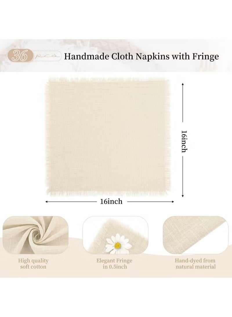 ح واحة 10 قطع من المناديل القطنية الكتانية، مناديل عشاء مجعدة مقاس 43 × 43 سم، مناديل عشاء ريفية قابلة للغسل، مناديل بيج مصنوعة يدويًا مع هامش لحفلات الزفاف المنزلية - Image 2
