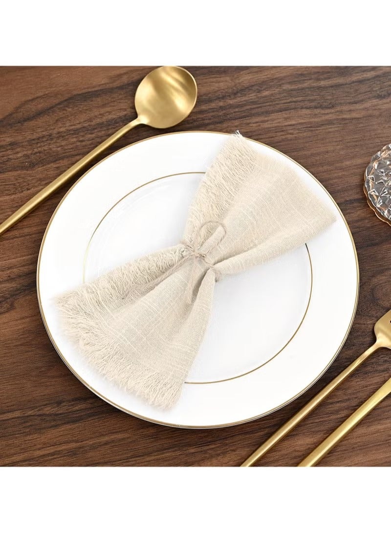 ح واحة 10 قطع من المناديل القطنية الكتانية، مناديل عشاء مجعدة مقاس 43 × 43 سم، مناديل عشاء ريفية قابلة للغسل، مناديل بيج مصنوعة يدويًا مع هامش لحفلات الزفاف المنزلية - Image 4